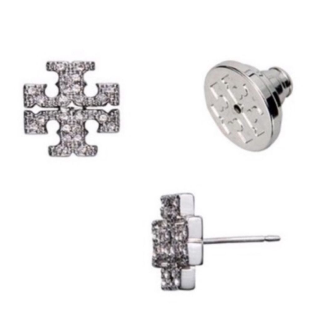 TORY BURCH • Silver Crystal Logo Earrings - Picture 2 of 4
